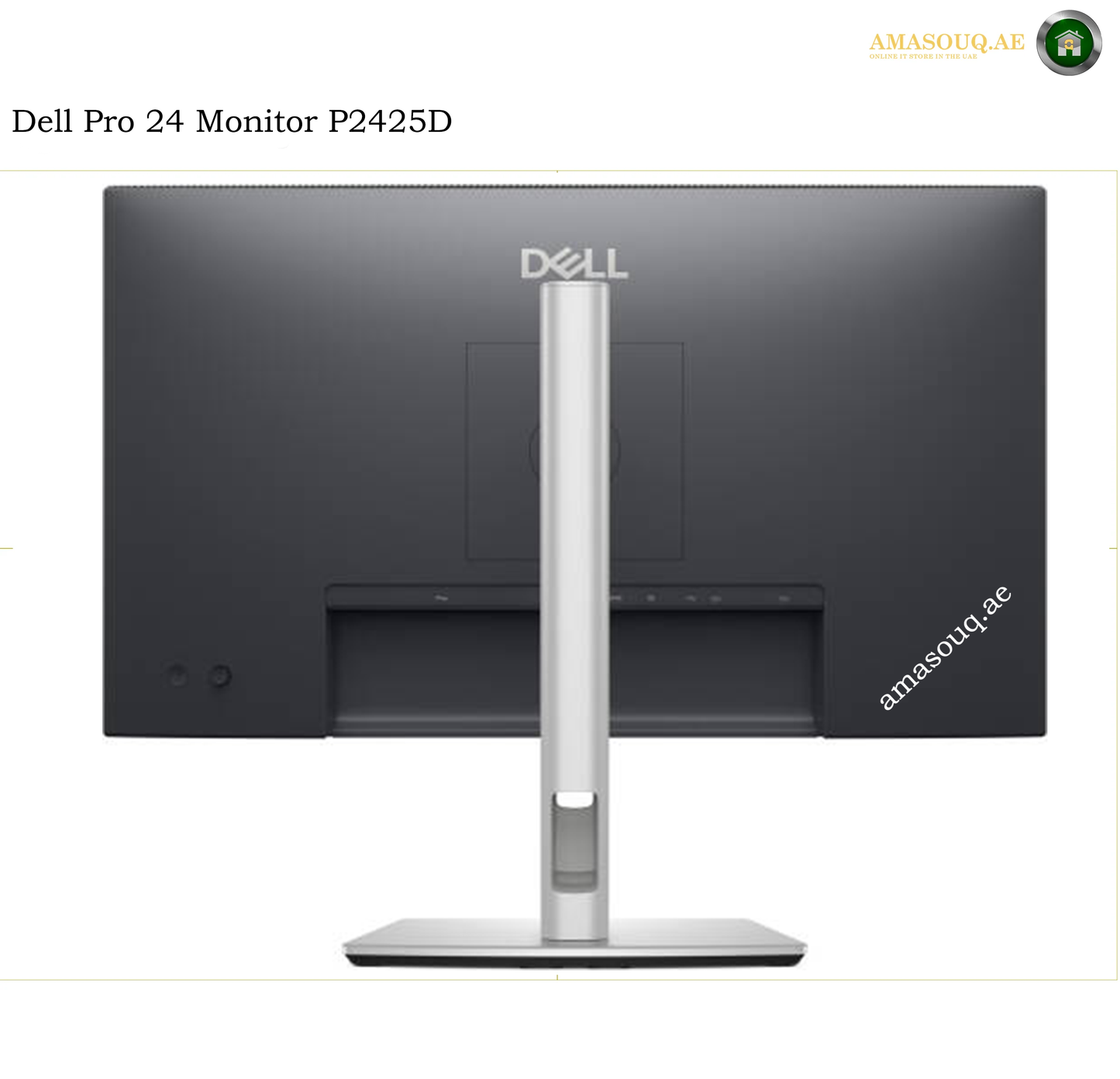 dell-p2425d-rear-view. Dell Pro 24 Monitor P2425D rear view showing the matte black backplate, silver stand, and base on a white background.