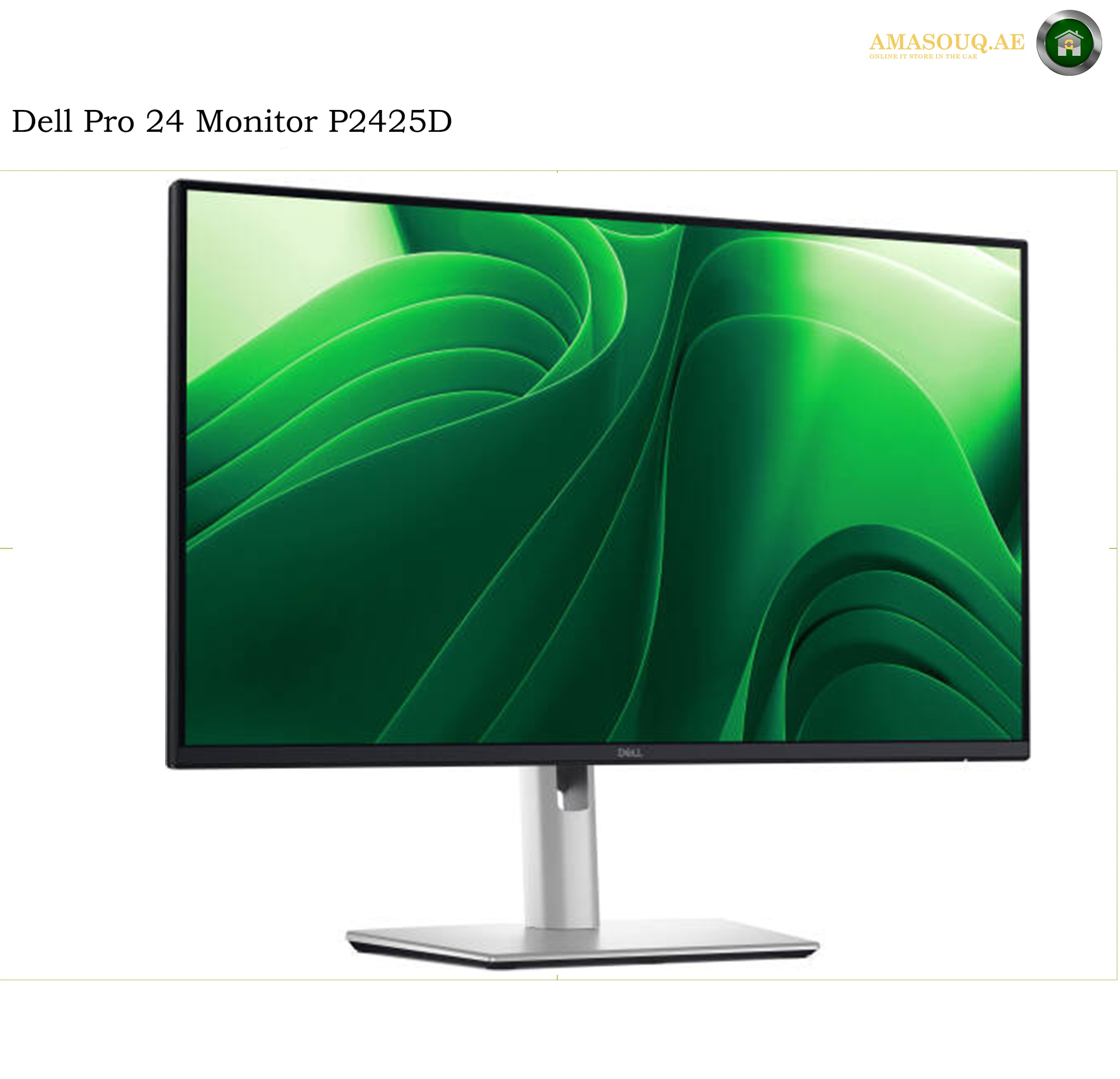 dell-p2425d-side-view. Dell Pro 24 Monitor P2425D with a slim black bezel and a silver stand, displaying a green abstract wallpaper on a white background.