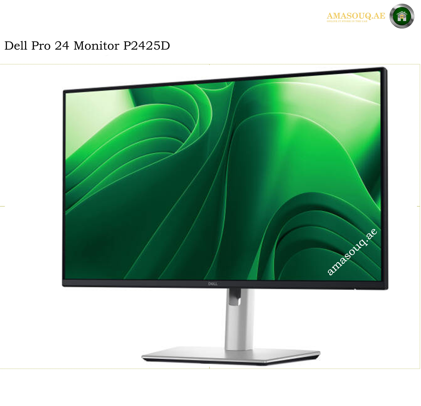 Dell P2425D 23.8-inch IPS monitor side view. Dell Pro 24 Monitor P2425D computer monitor with a slim black bezel and silver stand, displaying a green abstract wallpaper on a white background.