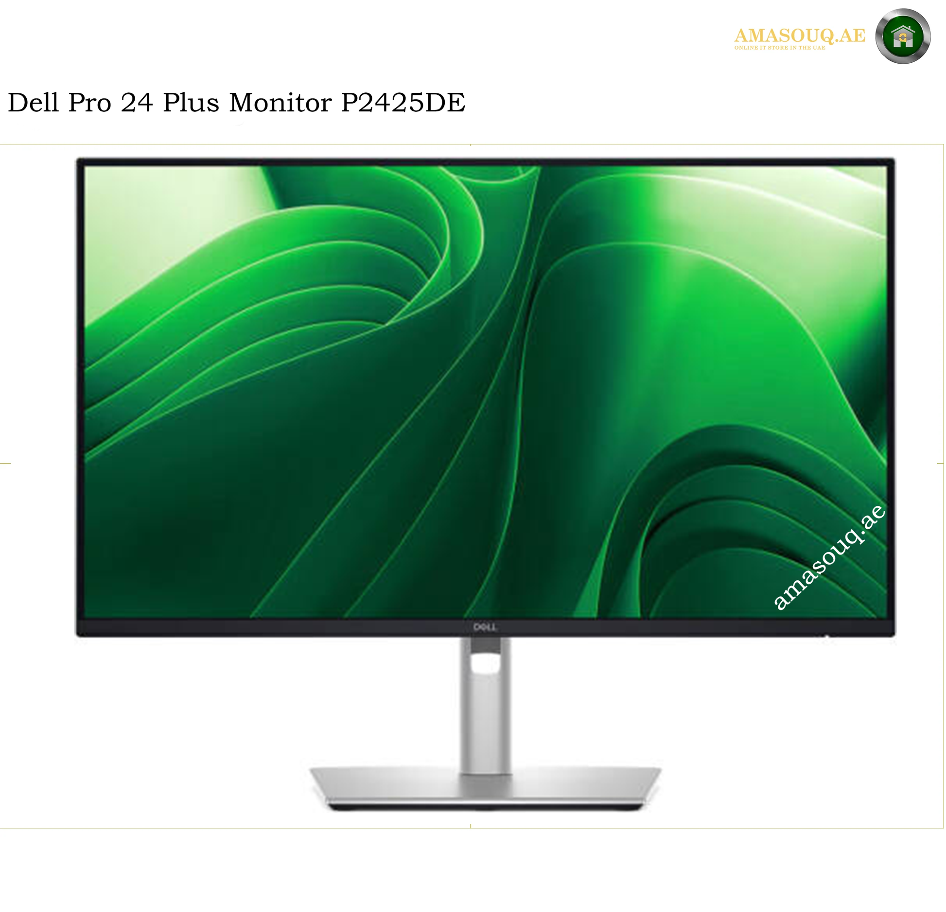 dell-p2425de-24-inch-qhd-monitor. Dell Pro 24 Plus Monitor P2425DE with a slim black bezel and silver stand, displaying a green abstract wallpaper on a white background.