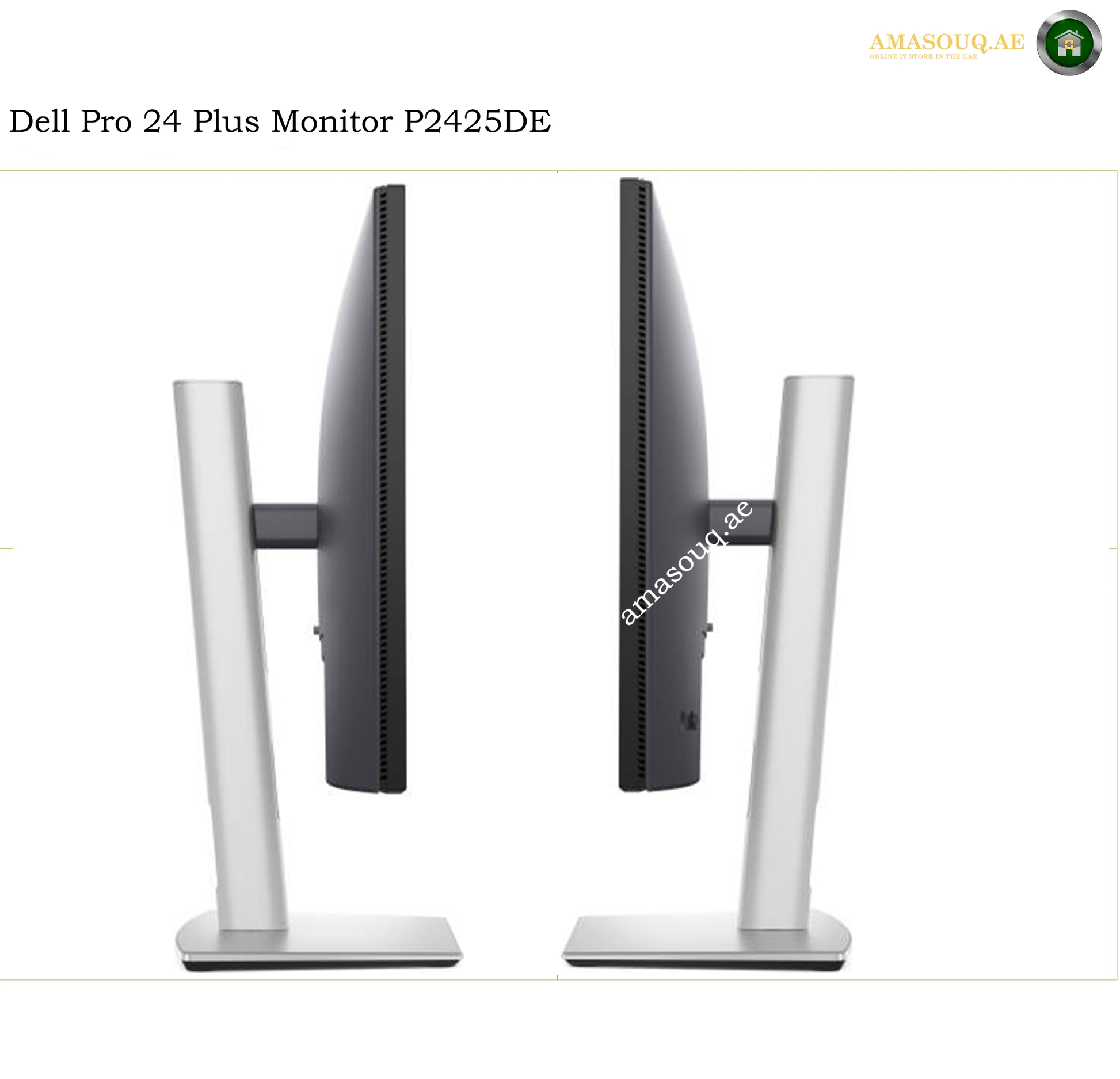 dell-p2425de-adjustable-stand.Two views of a Dell Pro 24 Plus Monitor P2425DE showing the front and back angles on a white background, with silver stands and a black bezel.