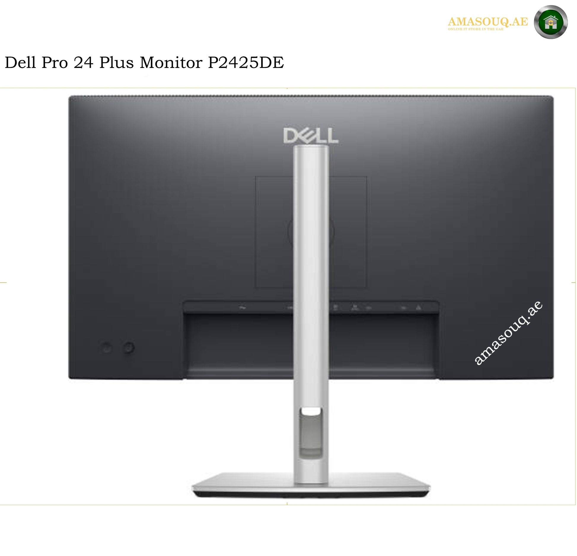 Dell P2425DE QHD monitor rear view. Dell Pro 24 Plus Monitor P2425DE rear view showing the matte black screen bezel, stand, and base on a white background.