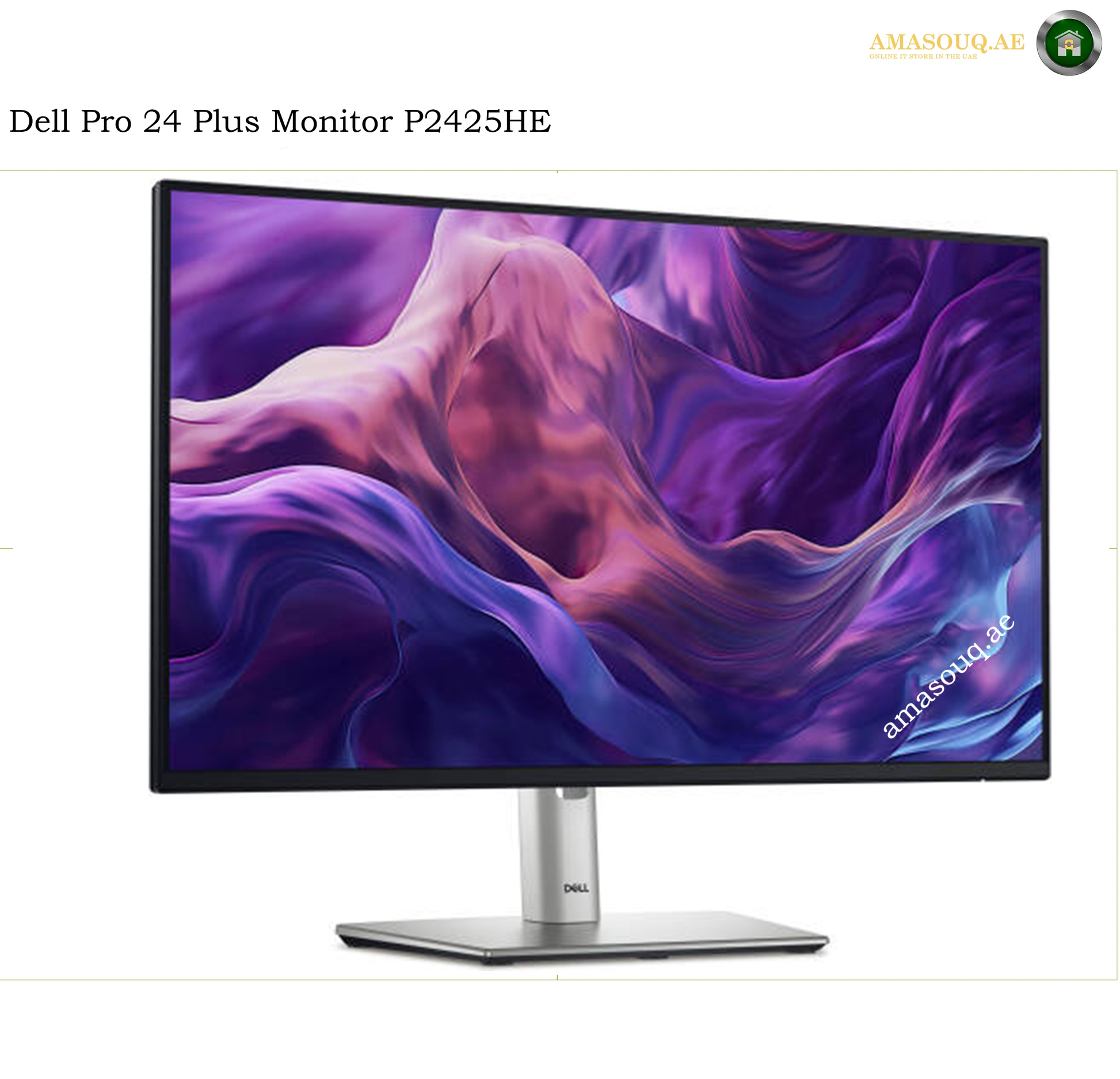 Dell P2425HE 23.8-inch Full HD 100Hz USB-C Hub Monitor. Dell Pro 24 Plus Monitor P2425HE with a slim black bezel and silver stand, displaying a purple and pink abstract wallpaper on a white background.
