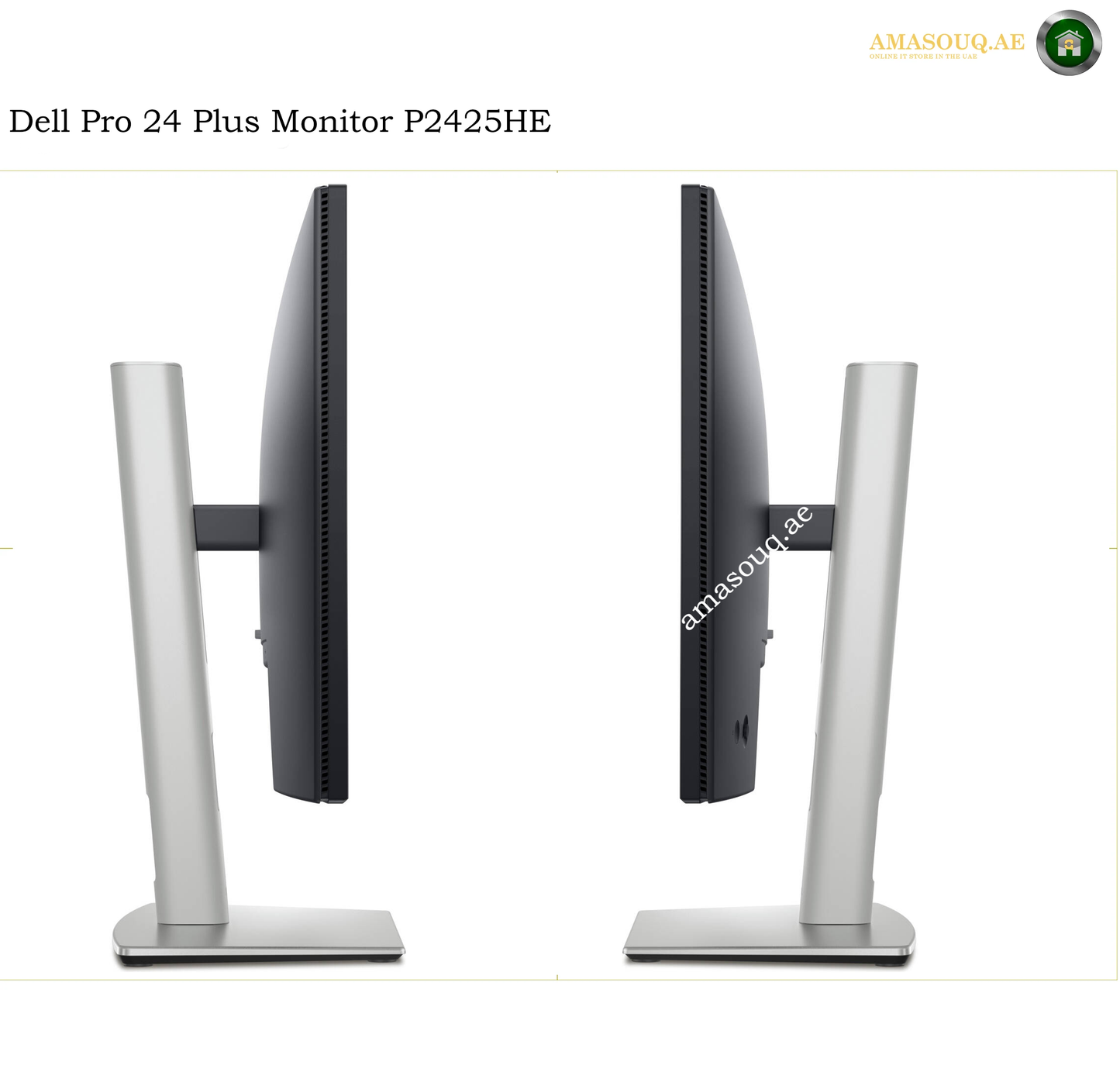 Dell P2425HE height adjustable ergonomic monitor stand. Two Dell Pro 24 Plus Monitor P2425HE computer monitors shown from the side, featuring slim black bezels and silver metal stands, on a white background with text overlay.