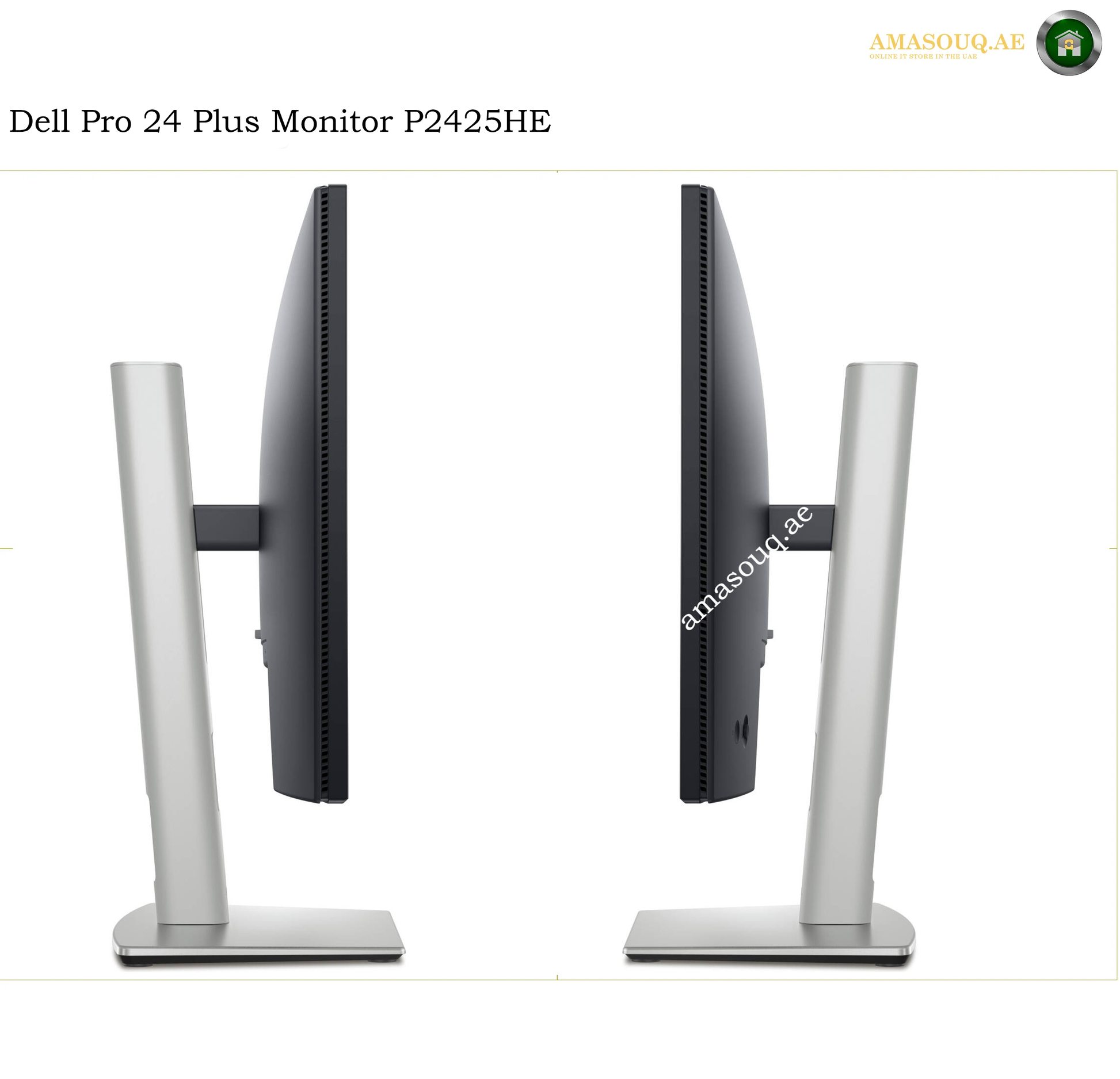Dell P2425HE height adjustable ergonomic monitor stand. Two Dell Pro 24 Plus Monitor P2425HE computer monitors shown from the side, featuring slim black bezels and silver metal stands, on a white background with text overlay.