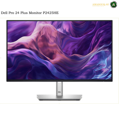 Dell P2425HE 23.8-inch Full HD IPS monitor front view. Dell Pro 24 Plus Monitor P2425HE with a slim black bezel and silver stand, displaying a purple and pink abstract wallpaper on a white background.