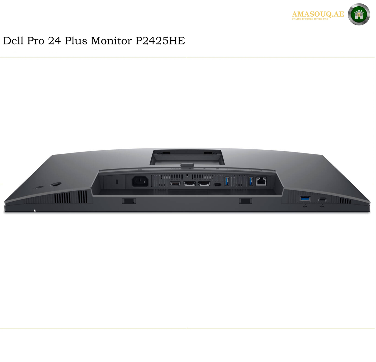 Dell P2425HE HDMI DisplayPort RJ45 Ethernet and USB ports. Rear view of a Dell Pro 24 Plus Monitor P2425HE, showing the back panel with ports and ventilation grilles, on a white background with a text overlay at the top.