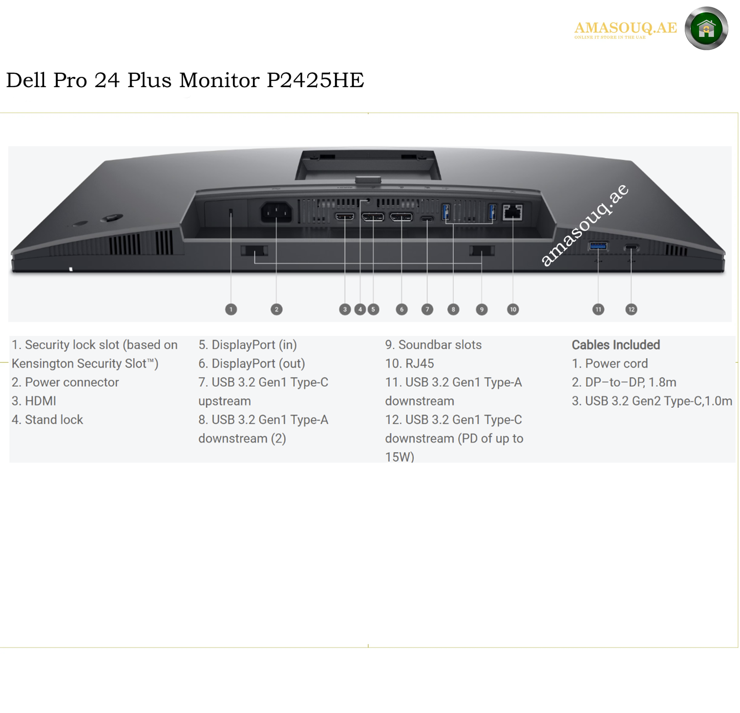 Dell P2425HE HDMI DisplayPort RJ45 Ethernet and USB ports.  product information graphic for the Dell Pro 24 Plus Monitor P2425HE, showing the monitor from above with labeled ports and a list of included cables and features on a white background.