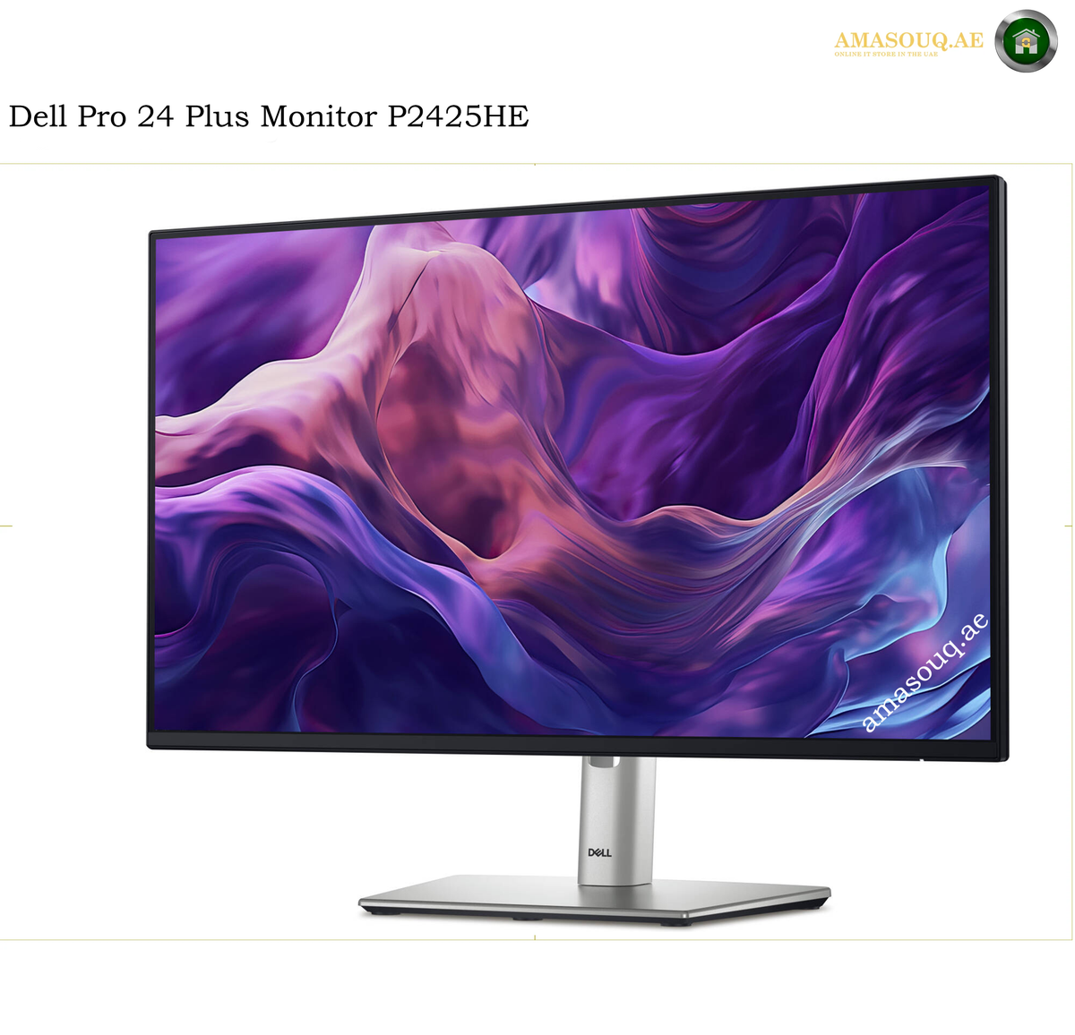 Dell P2425HE 23.8-inch IPS monitor side view. Dell Pro 24 Plus Monitor P2425HE with a slim black bezel and silver stand, displaying a purple and pink abstract wallpaper on a white background.