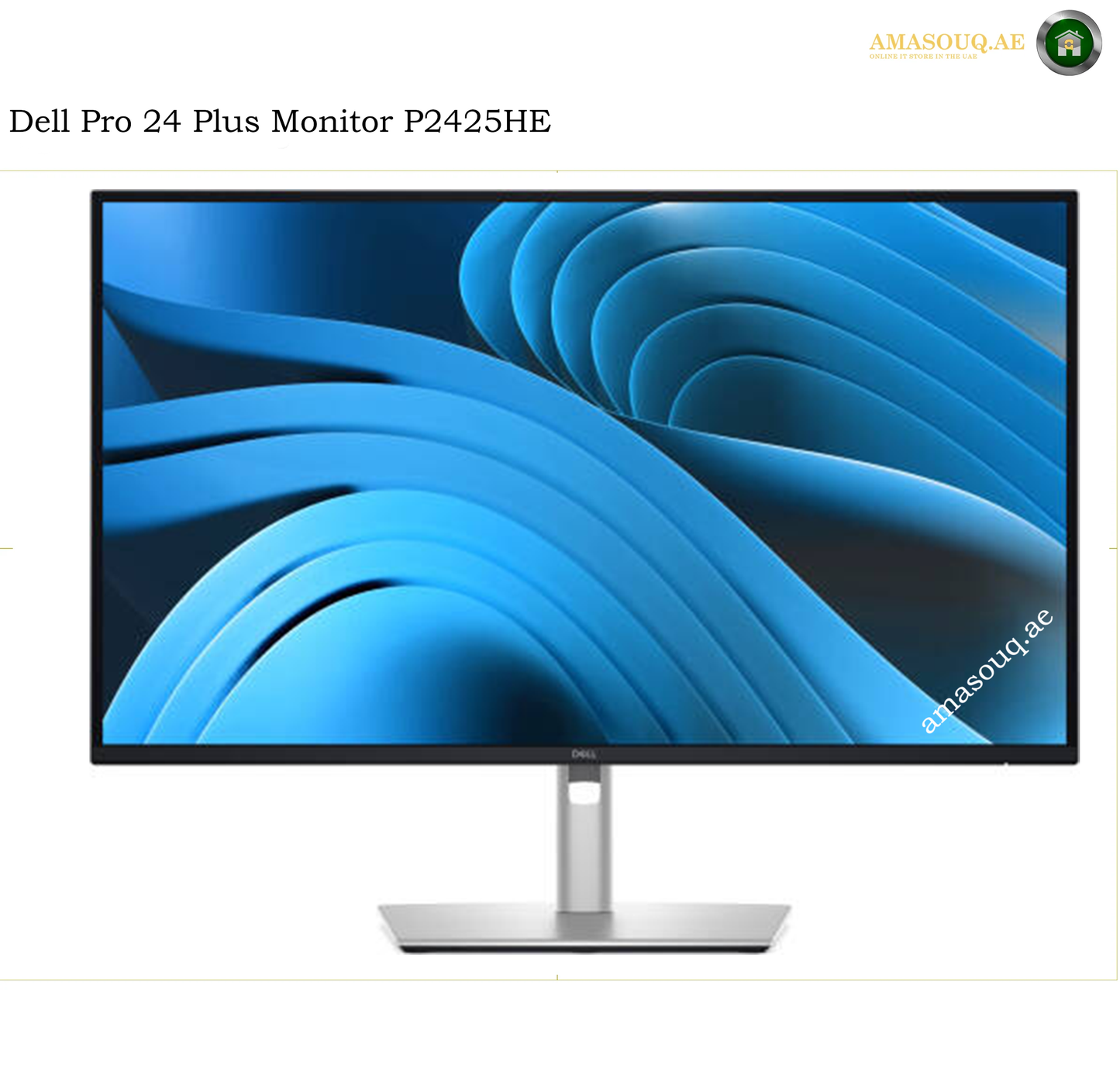 Dell P2725D 27-inch QHD 100Hz IPS Monitor. Dell Pro 24 Plus Monitor P2425HE with a slim black bezel, silver stand, and a blue abstract display wallpaper on a white background.