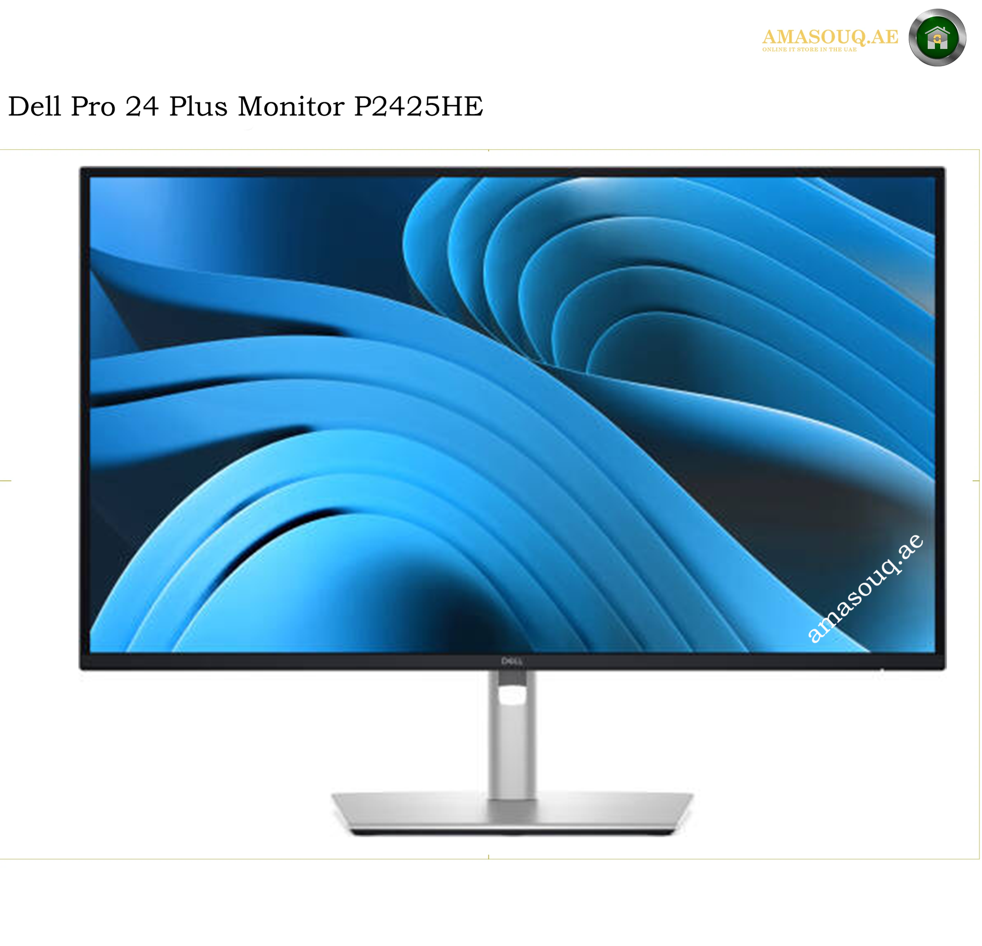 Dell P2725D 27-inch QHD 100Hz IPS Monitor. Dell Pro 24 Plus Monitor P2425HE with a slim black bezel, silver stand, and a blue abstract display wallpaper on a white background.