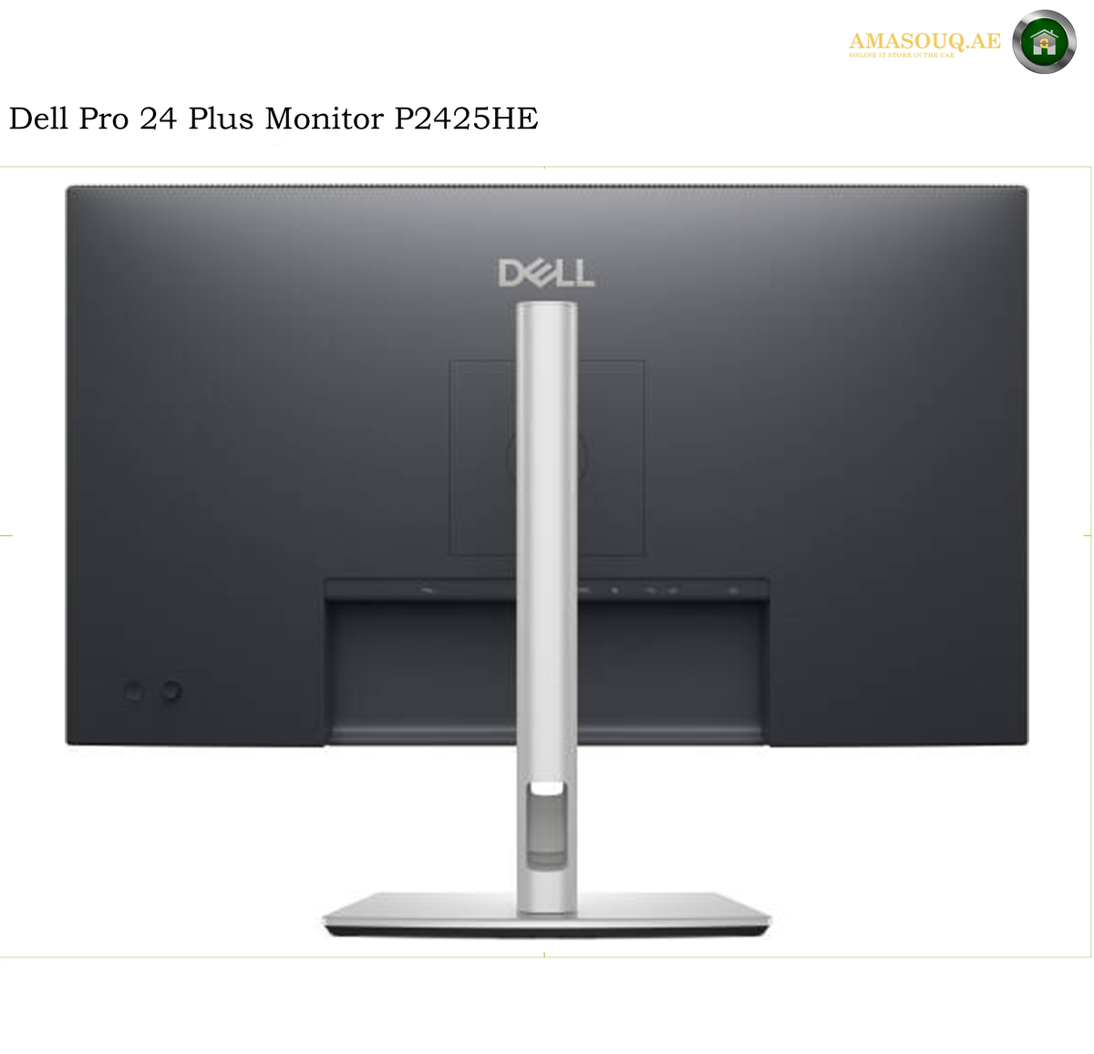 Dell P2725D 27-inch QHD monitor rear view. Dell Pro 24 Plus Monitor P2425HE rear view showing the dark gray backplate, silver stand, and base on a white background.