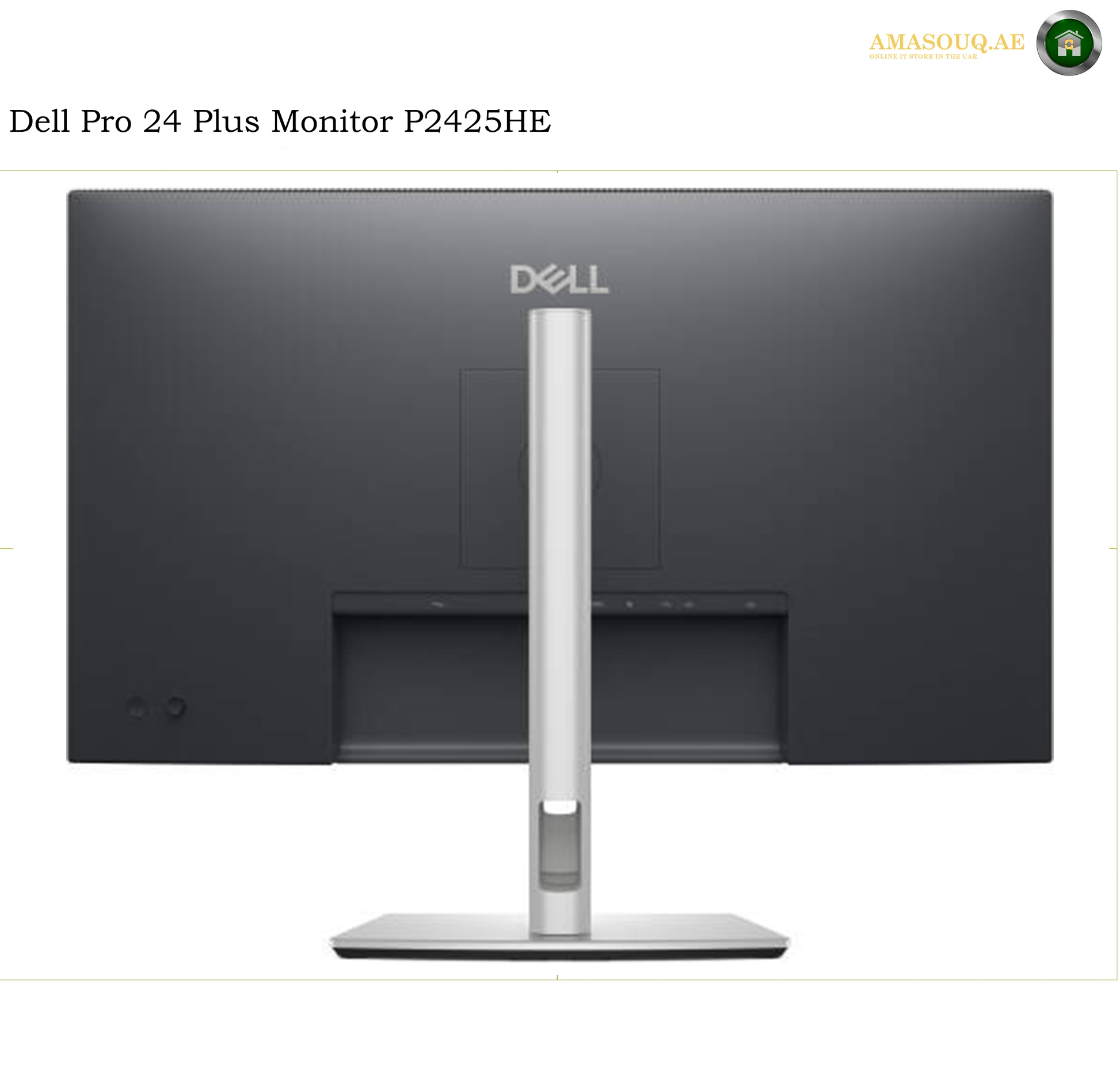 Dell P2725D 27-inch QHD monitor rear view. Dell Pro 24 Plus Monitor P2425HE rear view showing the dark gray backplate, silver stand, and base on a white background.