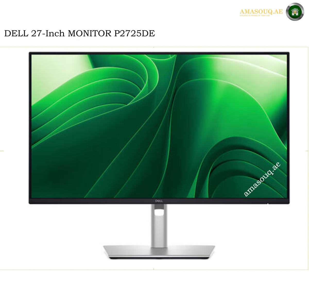 dell-p2725de-27-inch-qhd-100hz-monitor. DELL 27-Inch monitor P2725DE with a silver stand, shown on a white background with a green abstract wallpaper on the screen.