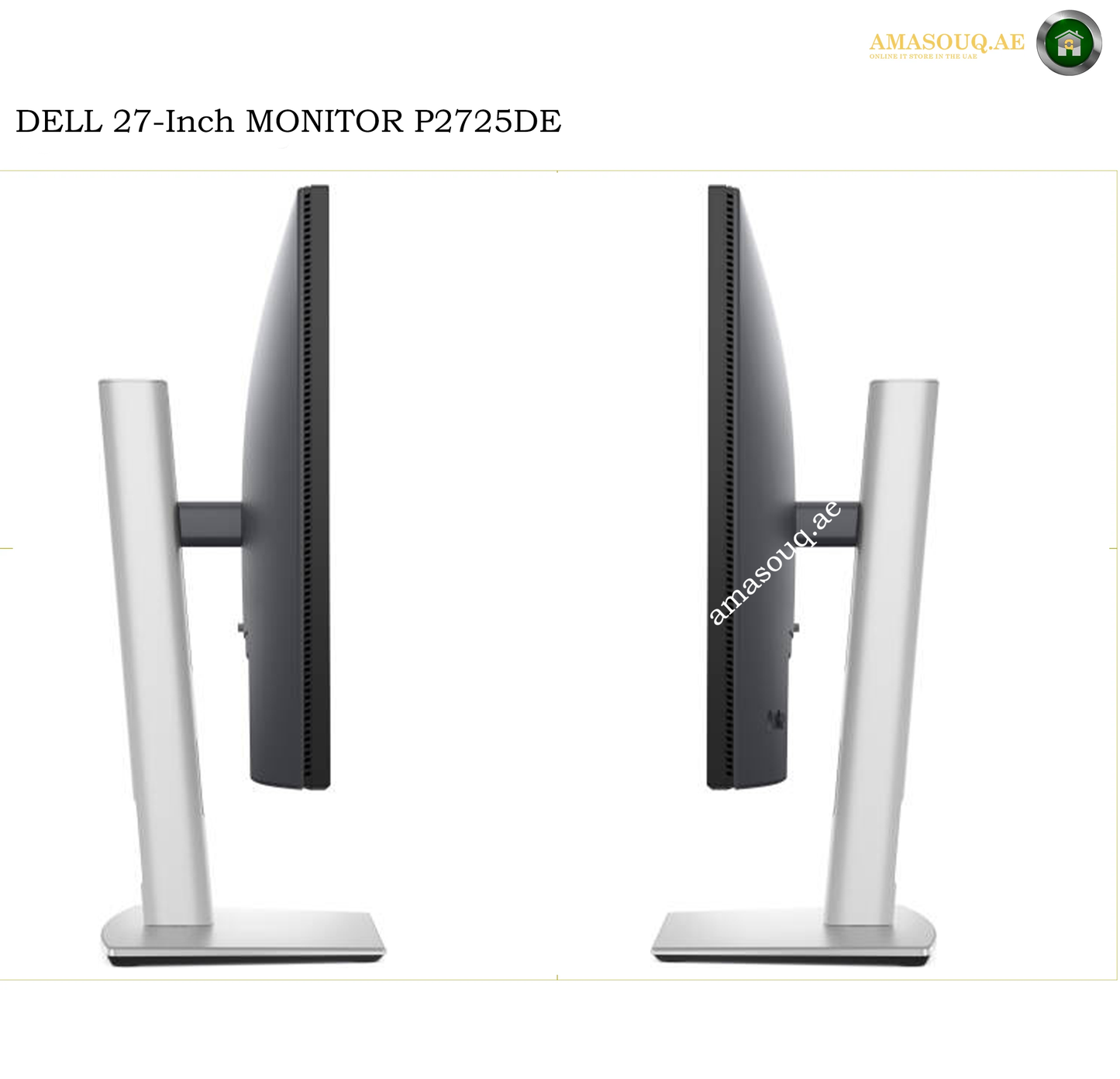 dell-p2725de-adjustable-stand. Two views of a Dell 27-inch monitor with a silver and black design, displayed from the side on a white background with text reading 'DELL 27-Inch MONITOR P2725DE'.