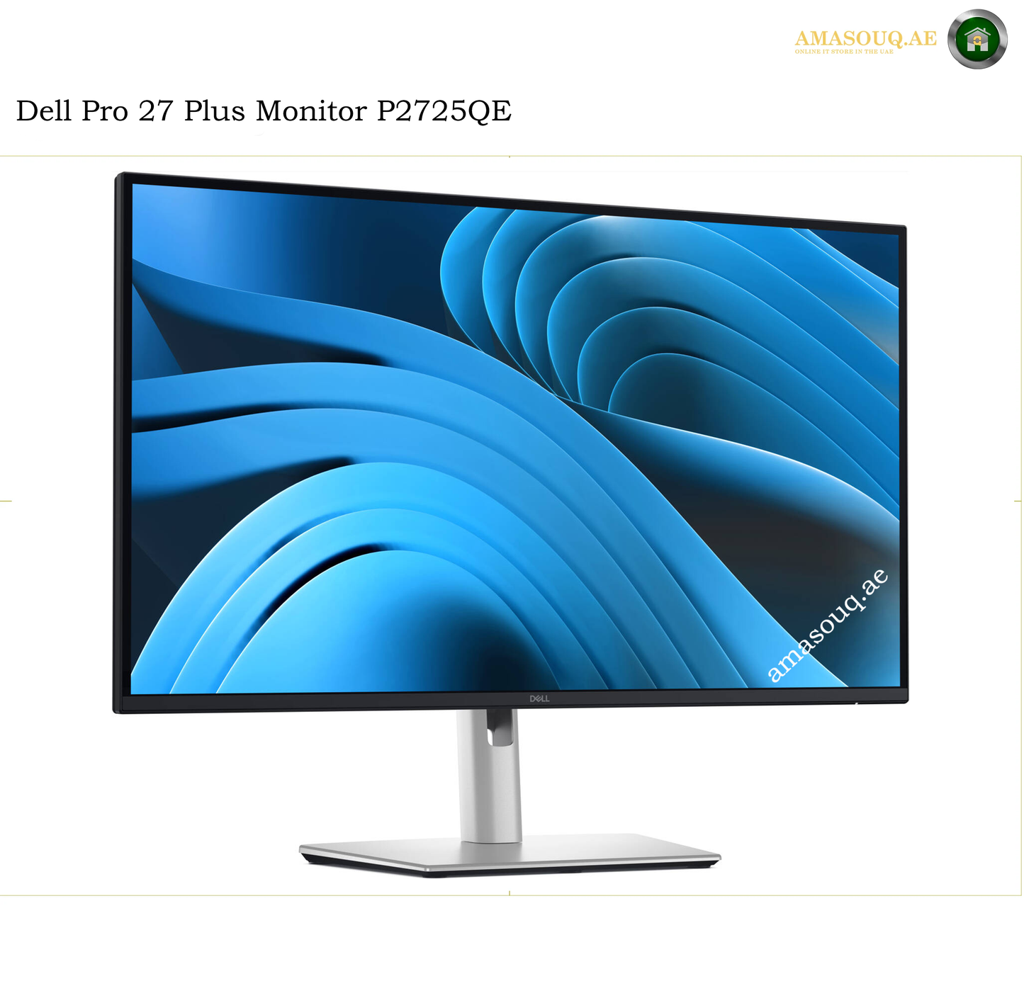 dell-p2725qe-27-inch-4k-100hz-monitor. Dell Pro 27 Plus Monitor P2725QE with a slim black bezel, silver stand, and a vibrant blue abstract display wallpaper, shown on a white background with a brand watermark.