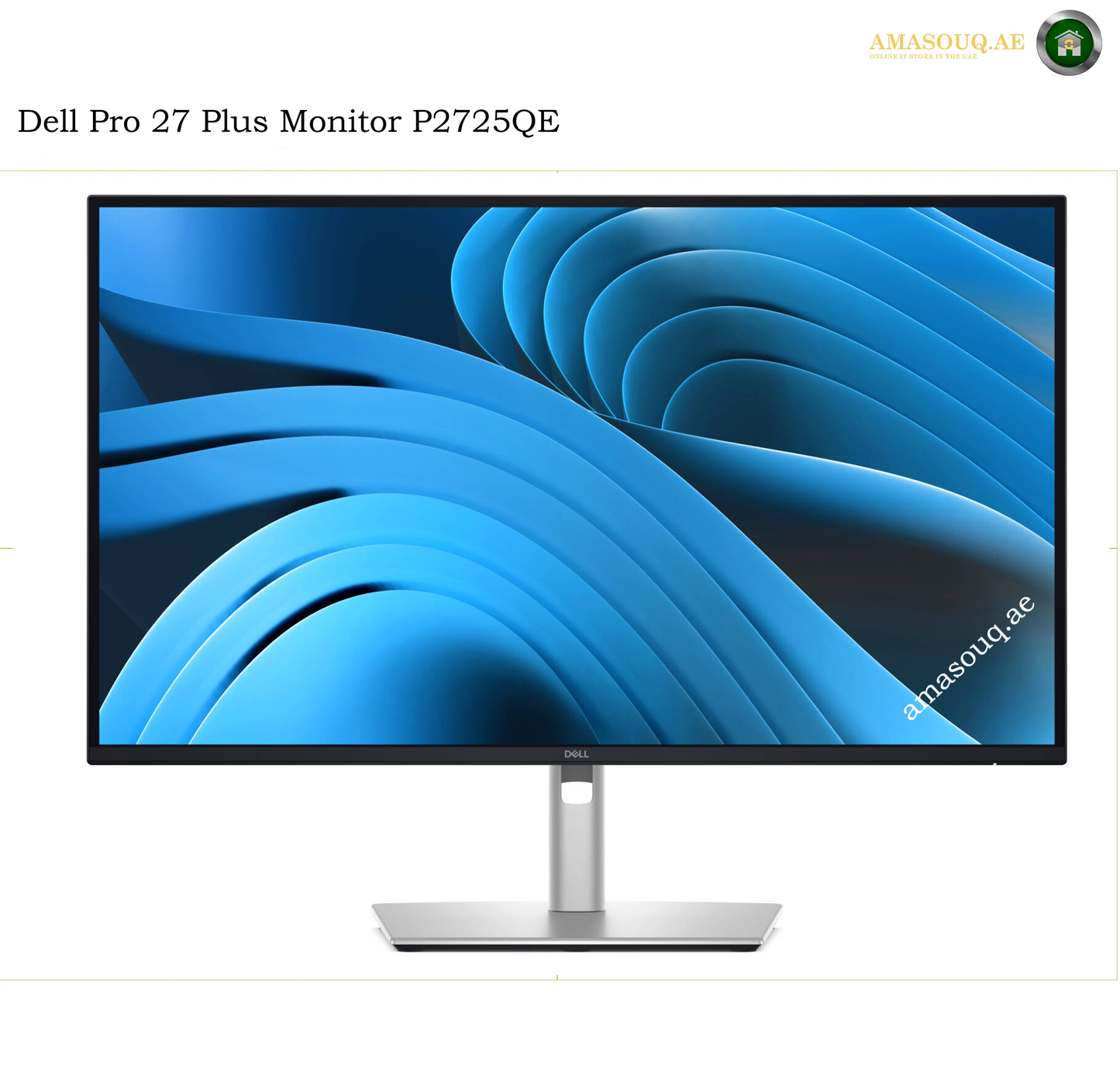 dell-p2725qe-27-inch-4k-100hz-monitor. Dell Pro 27 Plus Monitor P2725QE with a slim black bezel, silver stand, and a blue abstract display wallpaper, shown on a white background with a Dell logo at the bottom center of the screen.