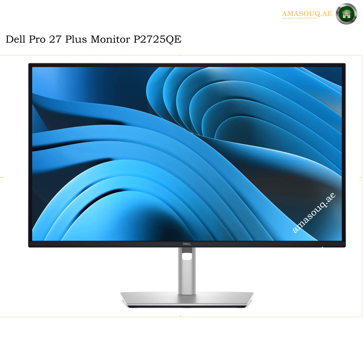 dell-p2725qe-27-inch-4k-100hz-monitor. Dell Pro 27 Plus Monitor P2725QE with a slim black bezel, silver stand, and a blue abstract display wallpaper, shown on a white background with a Dell logo at the bottom center of the screen.