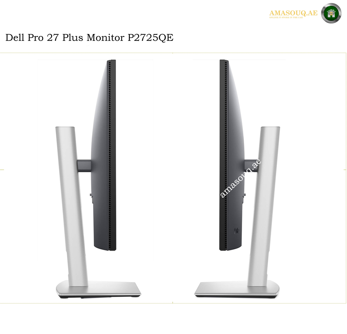 dell-p2725qe-adjustable-stand. Two views of a Dell Pro 27 Plus Monitor P2725QE showing the front and back angles with silver stands on a white background.