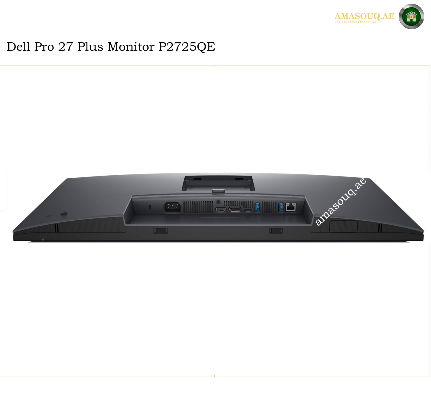 dell-p2725qe-hdmi-displayport-rj45-usb. Back view of a Dell Pro 27 Plus Monitor P2725QE, showing the rear port panel with USB-A, USB-C, and RJ45 connectors on a white background.