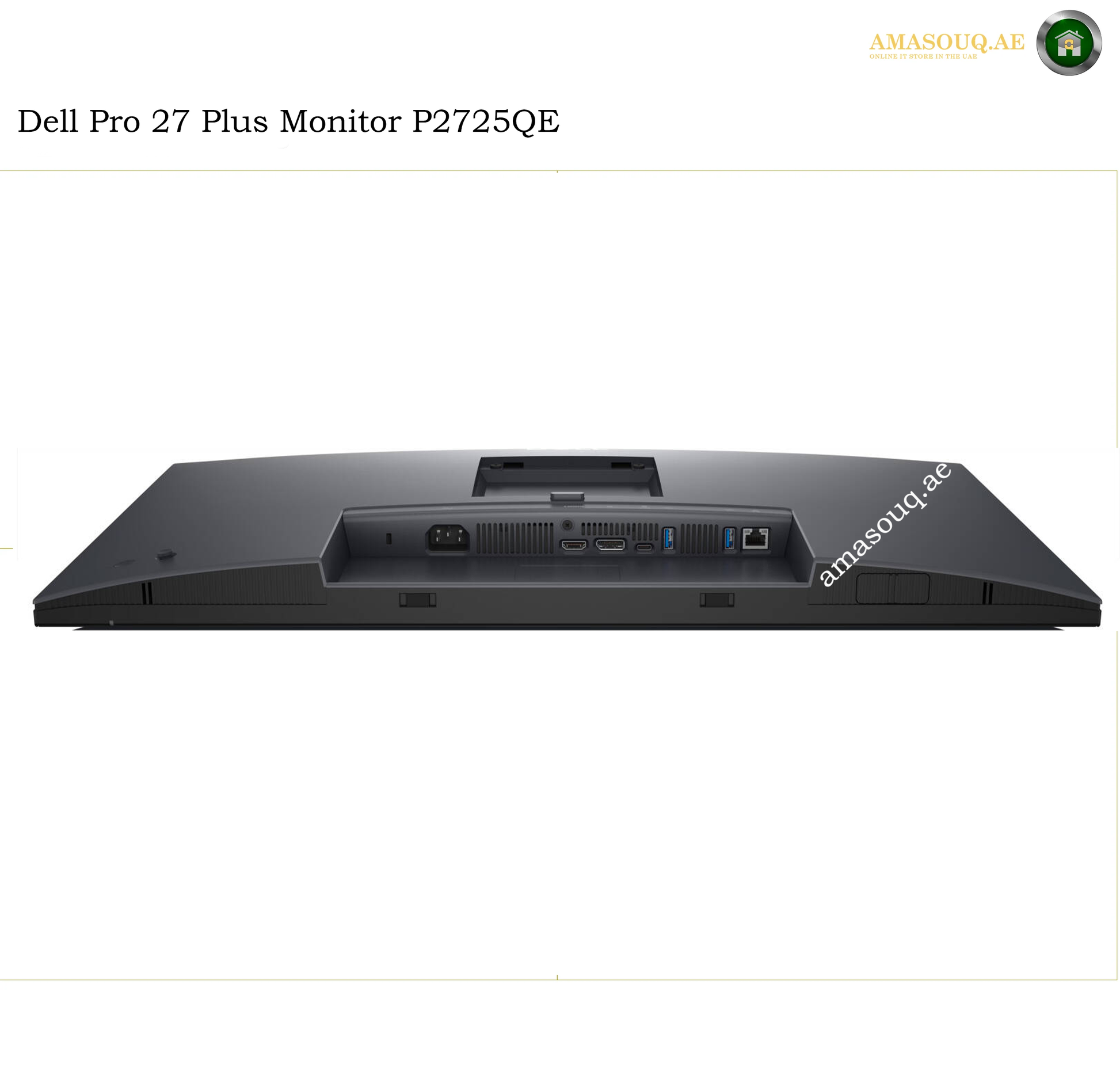 dell-p2725qe-hdmi-displayport-rj45-usb. Back view of a Dell Pro 27 Plus Monitor P2725QE, showing the rear port panel with USB-A, USB-C, and RJ45 connectors on a white background.
