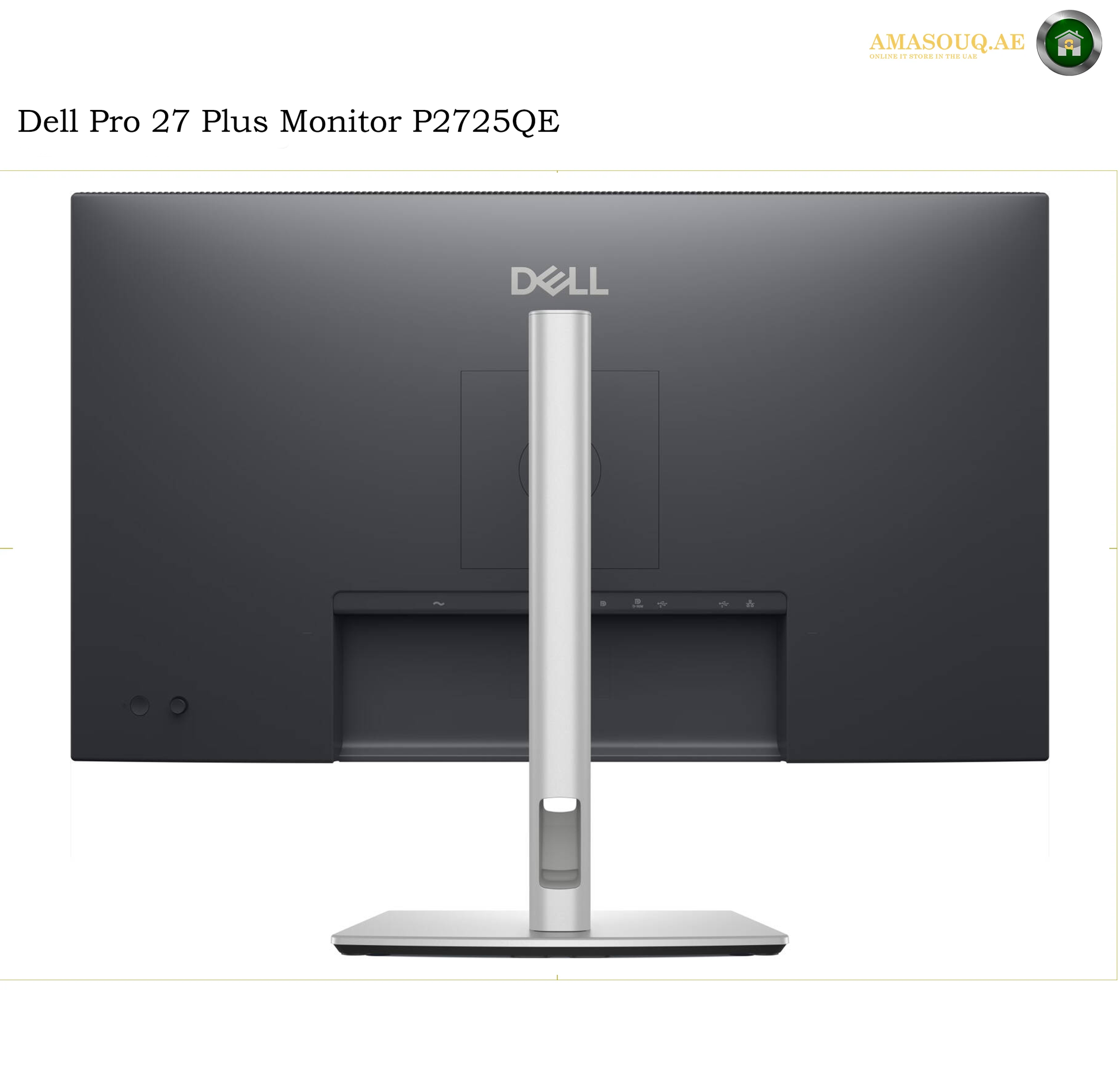Dell Pro 27 Plus Monitor P2725QE shown from the rear, featuring a dark gray screen bezel, a silver vertical stand, and a silver base on a white background.