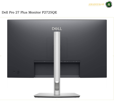 Dell Pro 27 Plus Monitor P2725QE shown from the rear, featuring a dark gray screen bezel, a silver vertical stand, and a silver base on a white background.