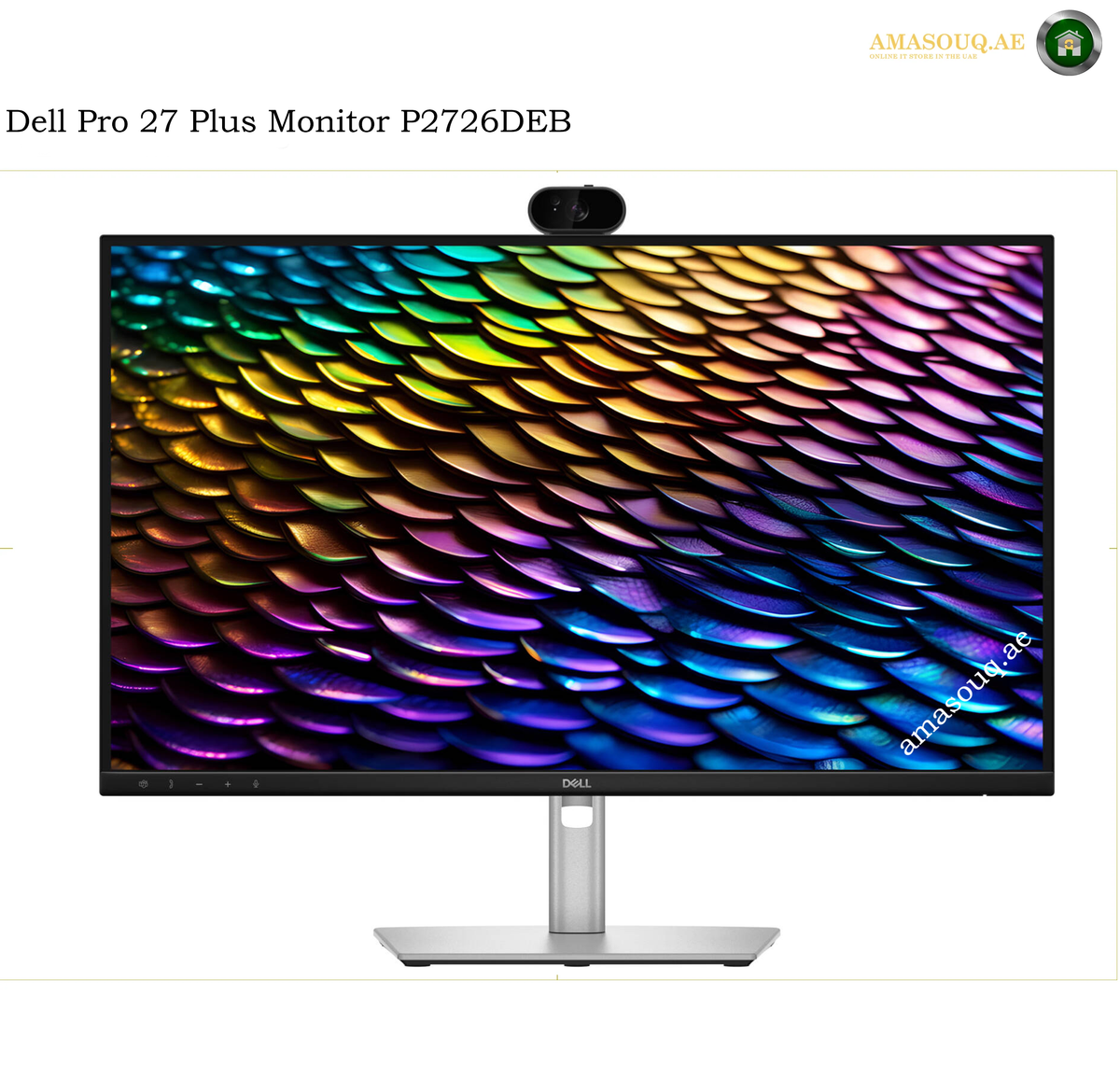 Dell P2726DEB 27-inch QHD 100Hz USB-C Conferencing Monitor. Dell Pro 27 Plus Monitor P2726DEB with a built-in webcam on top, featuring a silver stand, shown against a white background with text overlays.
