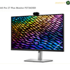 Dell P2726DEB 27-inch QHD IPS monitor front view. Dell Pro 27 Plus Monitor P2726DEB with a built-in webcam on top, featuring a silver stand and a black bezel, shown against a white background with text overlays.