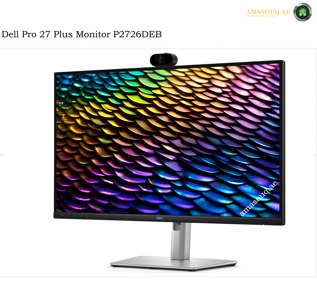 Dell P2726DEB 27-inch QHD IPS monitor front view. Dell Pro 27 Plus Monitor P2726DEB with a built-in webcam on top, featuring a silver stand and a black bezel, shown against a white background with text overlays.