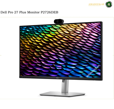 Dell P2726DEB 27-inch QHD IPS monitor front view. Dell Pro 27 Plus Monitor P2726DEB with a built-in webcam on top, featuring a silver stand and a black bezel, shown against a white background with text overlays.