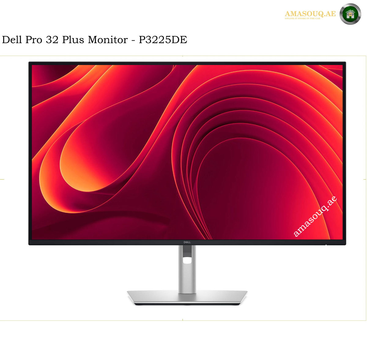 Dell P3225DE 31.5-inch QHD 100Hz IPS USB-C Monitor. Dell Pro 32 Plus Monitor P3225DE with a slim black bezel and silver stand, displaying a red and orange abstract wave wallpaper on a white background.