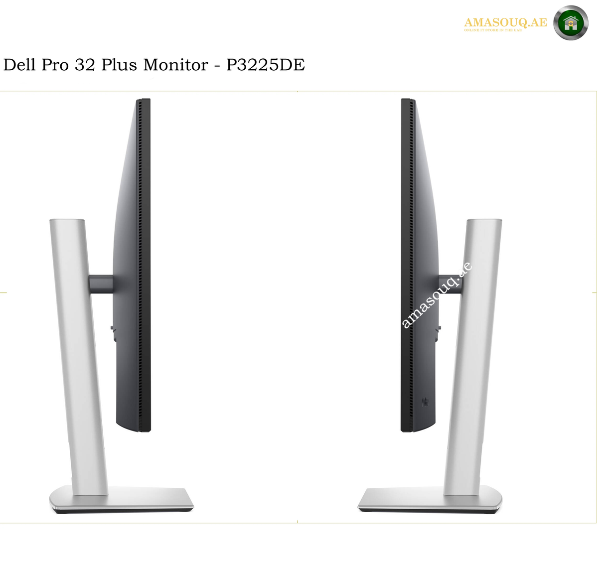 Dell P3225DE height adjustable ergonomic monitor stand Two views of a Dell Pro 32 Plus Monitor P3225DE showing the side profile of the monitor with a silver stand on a white background.