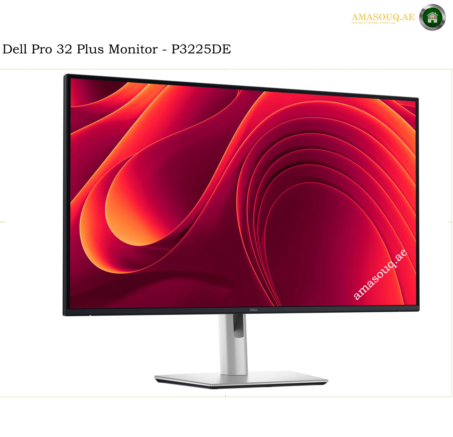 Dell P3225DE 31.5-inch QHD IPS monitor front view. Dell Pro 32 Plus Monitor P3225DE with a slim black bezel and a silver stand, shown on a white background with a colorful abstract red and orange screen wallpaper.