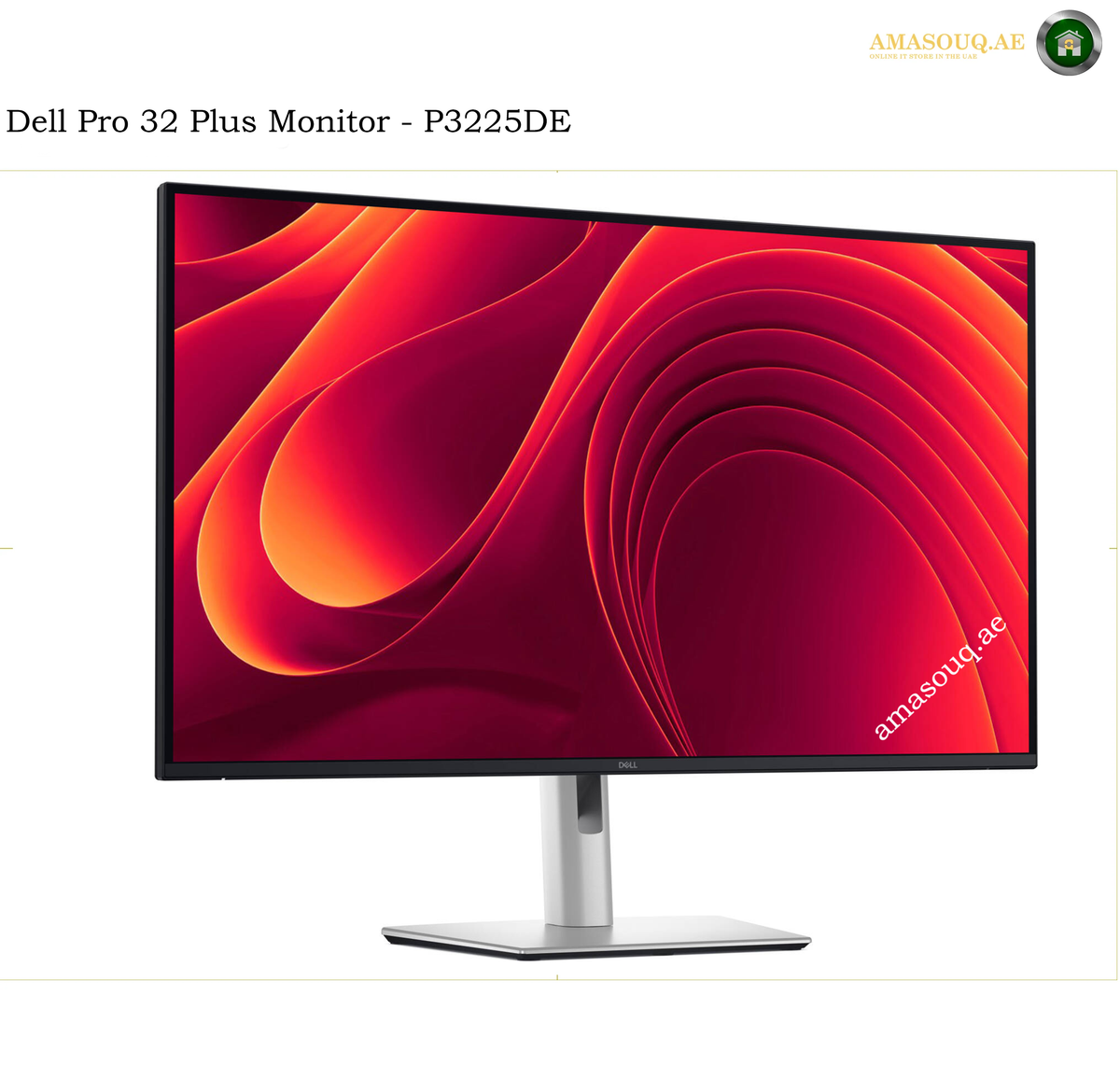 Dell P3225DE 31.5-inch QHD IPS monitor front view. Dell Pro 32 Plus Monitor P3225DE with a slim black bezel and a silver stand, shown on a white background with a colorful abstract red and orange screen wallpaper.