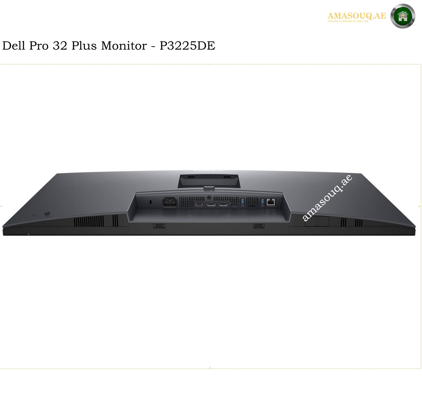 Dell P3225DE HDMI DisplayPort USB and RJ45 ports. Rear view of a Dell Pro 32 Plus Monitor (P3225DE) in matte black, showing the back panel with ports and ventilation grilles, on a white background with seller text overlays.