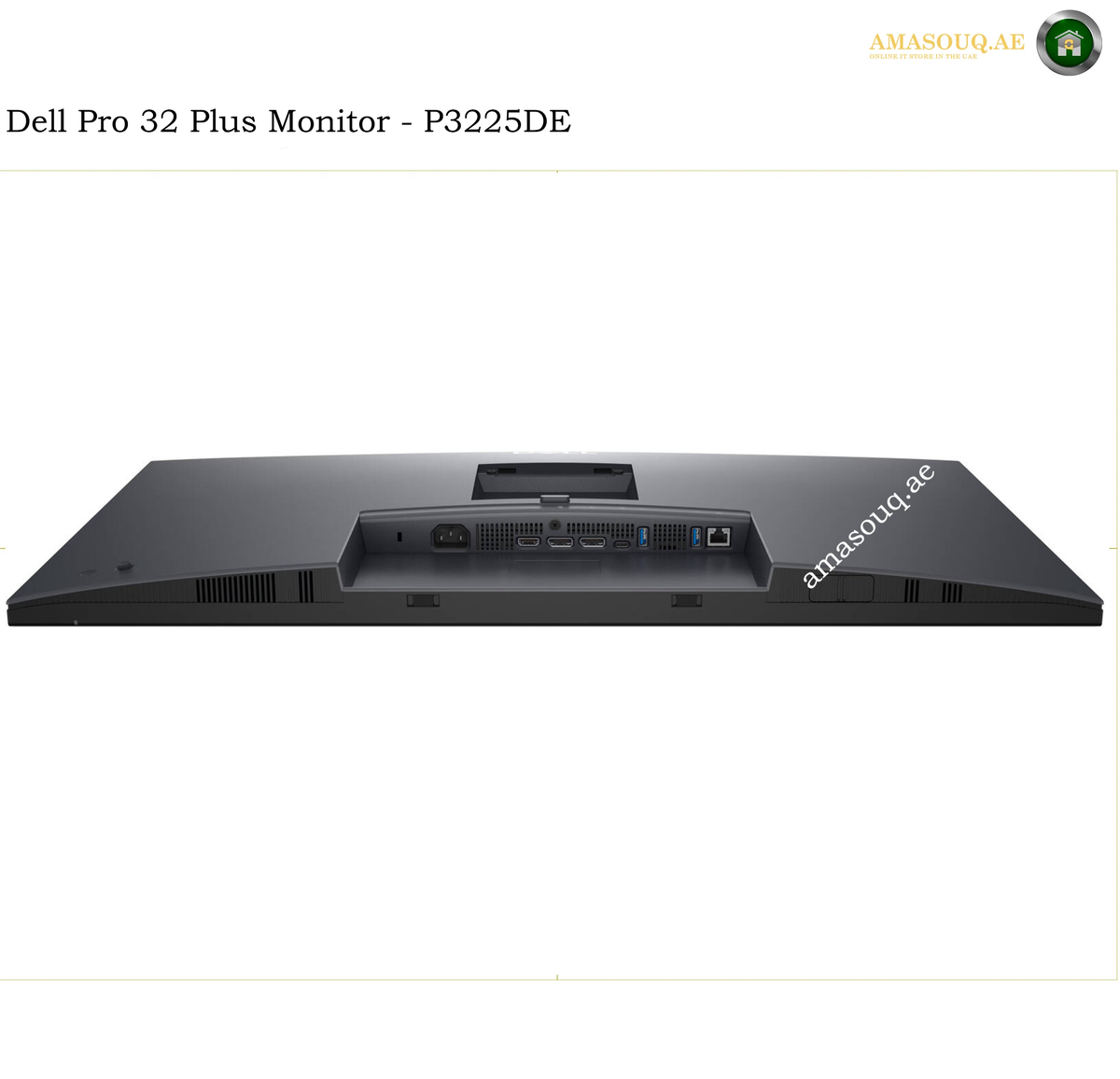 Dell P3225DE HDMI DisplayPort USB and RJ45 ports. Rear view of a Dell Pro 32 Plus Monitor (P3225DE) in matte black, showing the back panel with ports and ventilation grilles, on a white background with seller text overlays.