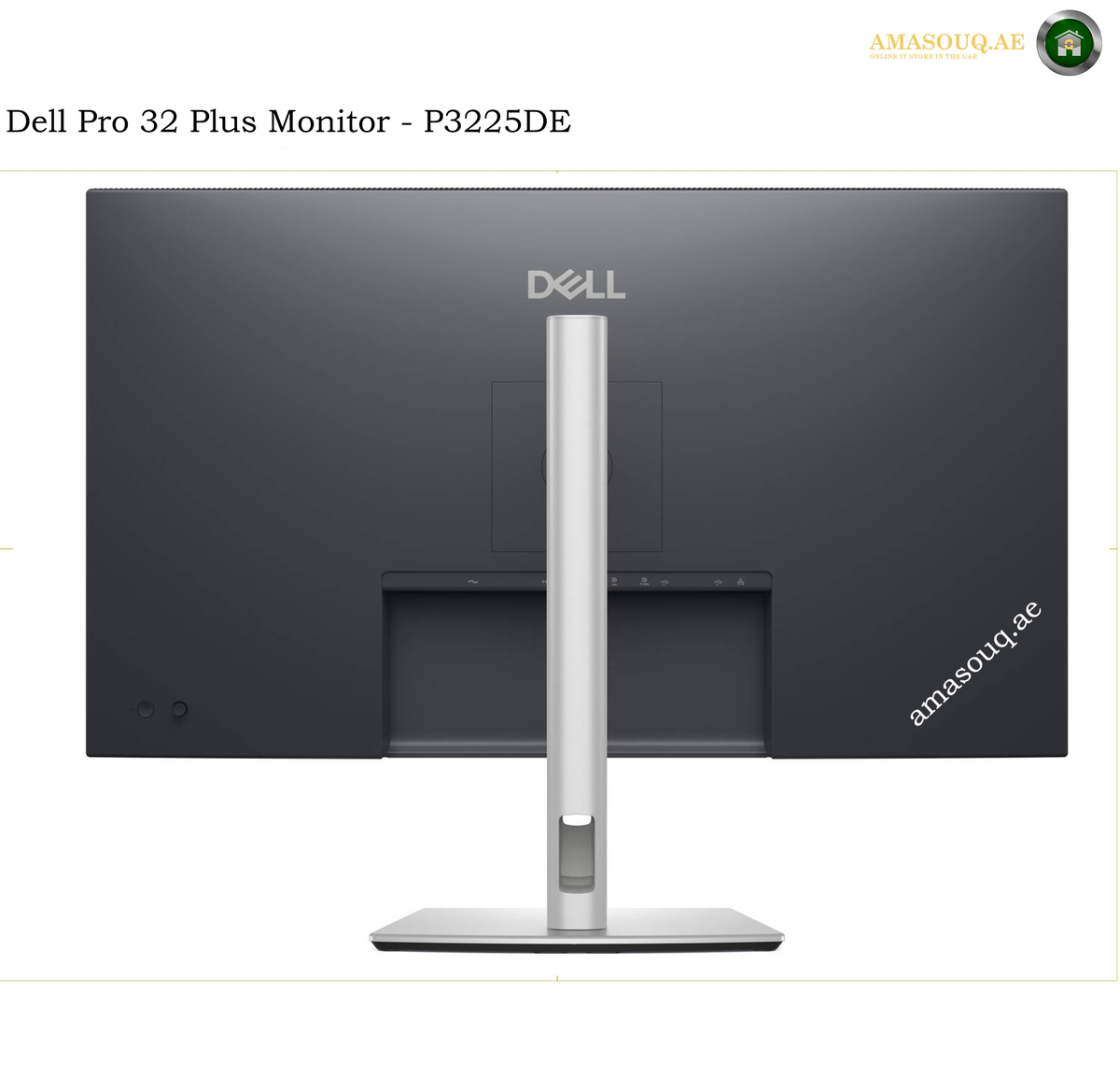 Dell P3225DE QHD USB-C monitor rear view Dell Pro 32 Plus Monitor P3225DE shown from the back, featuring a dark gray screen bezel, a silver vertical stand, and a silver base on a white background.