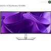 Dell P3425WE 34.1 inch WQHD curved monitor. Dell Pro 34 Plus Monitor P3425We with a wide bezel, silver stand, and a purple abstract wallpaper displayed on the screen.