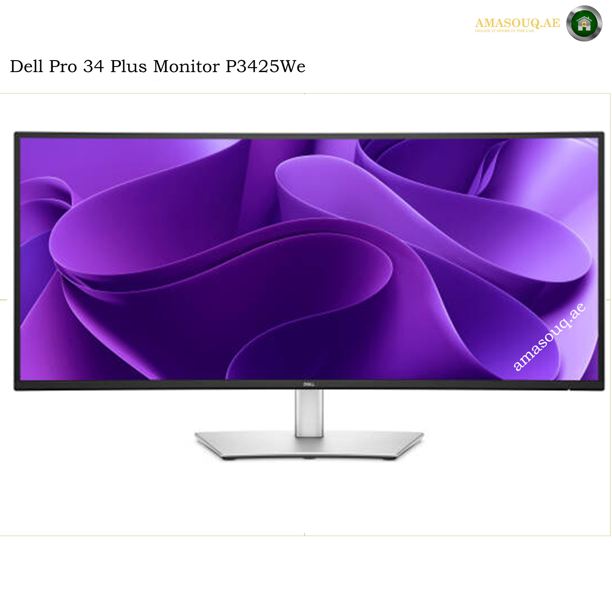 Dell P3425WE 34.1 inch WQHD curved monitor. Dell Pro 34 Plus Monitor P3425We with a wide bezel, silver stand, and a purple abstract wallpaper displayed on the screen.