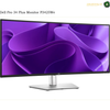 dell-p3425we-adjustable-stand. Dell Pro 34 Plus Monitor P3425We with a wide curved screen displaying a purple abstract wallpaper, set against a plain white background with a text overlay at the top.