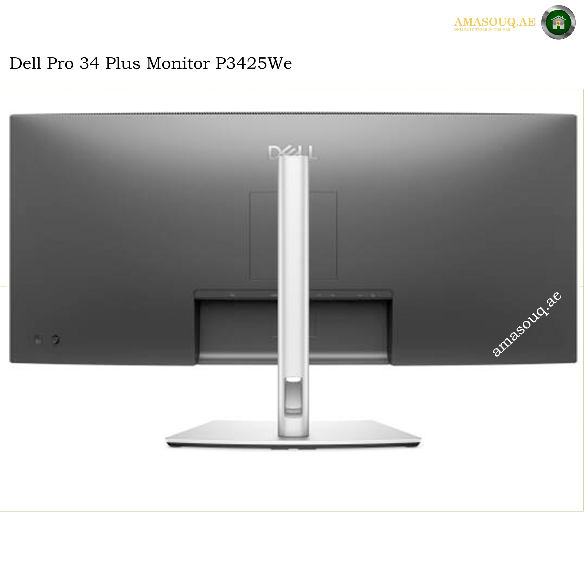 Dell P3425WE curved IPS ultrawide monitor. Dell Pro 34 Plus Monitor P3425We rear view showing the matte black back panel and silver stand, on a white background with 'Dell Pro 34 Plus Monitor P3425We' text at the top.