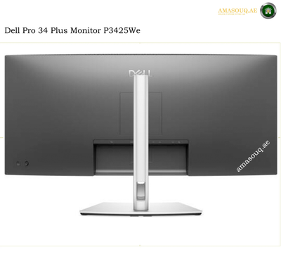 Dell P3425WE curved IPS ultrawide monitor. Dell Pro 34 Plus Monitor P3425We rear view showing the matte black back panel and silver stand, on a white background with 'Dell Pro 34 Plus Monitor P3425We' text at the top.