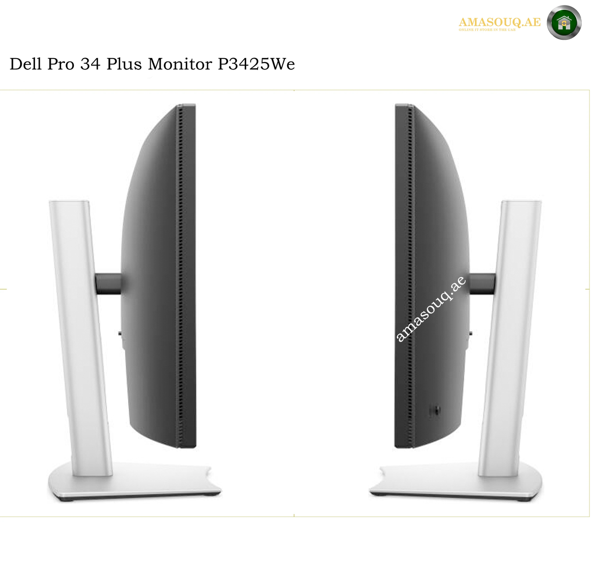 Dell P3425WE PiP PbP KVM ultrawide monitor. Two views of a Dell Pro 34 Plus Monitor P3425We showing the side profile of the monitor with its silver stand on a white background.