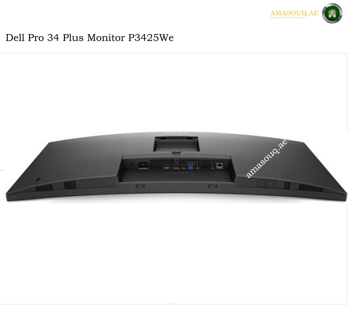 Dell P3425WE USB-C 90W Power Delivery monitor. Dell Pro 34 Plus Monitor P3425We black curved computer monitor shown from the back, featuring ports and a display panel on a white background with 'AMASOUQAE' branding.