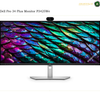 Dell P3426WEB 34.1 inch WQHD curved monitor. Dell Pro 34 Plus Monitor P3425We with a wide bezel, integrated webcam, and a silver stand, shown on a white background with a colorful iridescent feather display on the screen.