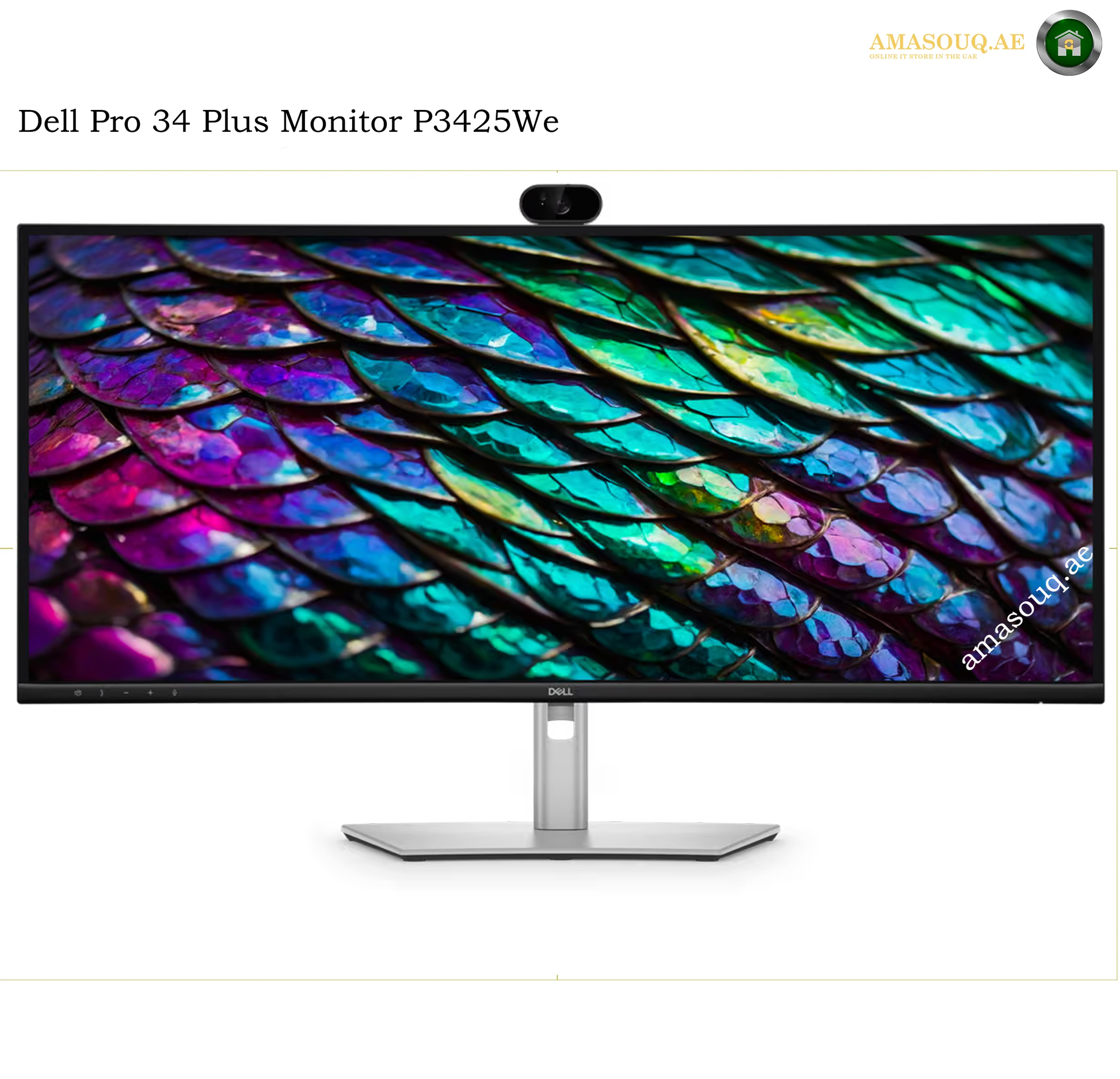 Dell P3426WEB 34.1 inch WQHD curved monitor. Dell Pro 34 Plus Monitor P3425We with a wide bezel, integrated webcam, and a silver stand, shown on a white background with a colorful iridescent feather display on the screen.