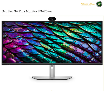 Dell P3426WEB 34.1 inch WQHD curved monitor. Dell Pro 34 Plus Monitor P3425We with a wide bezel, integrated webcam, and a silver stand, shown on a white background with a colorful iridescent feather display on the screen.