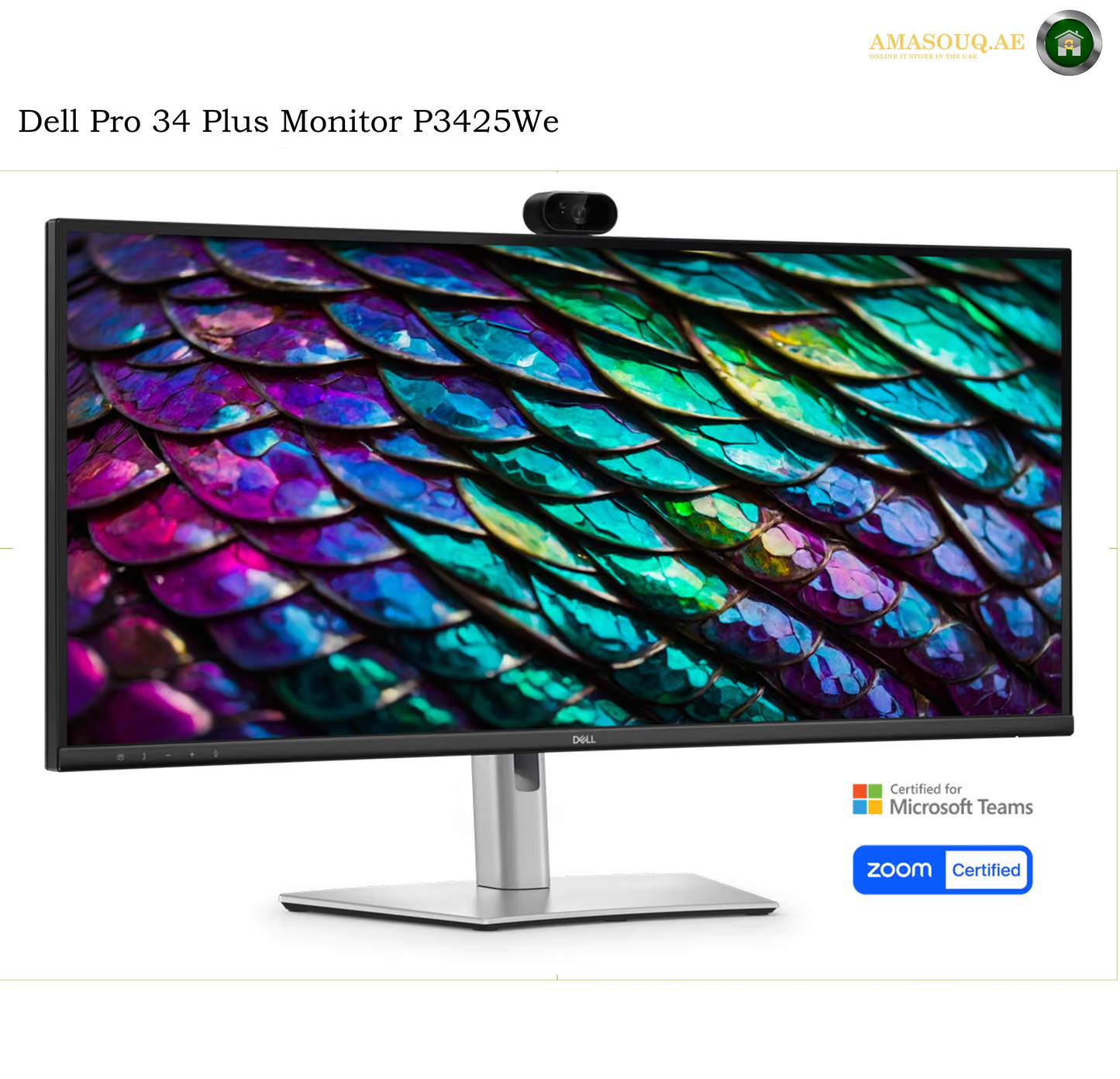 Dell P3426WEB 4MP webcam conferencing monitor.Dell Pro 34 Plus Monitor P3425We with a wide bezel, silver stand, and webcam on top, shown on a white background with certification badges and the text 'Dell Pro 34 Plus Monitor P3425We' at the top.