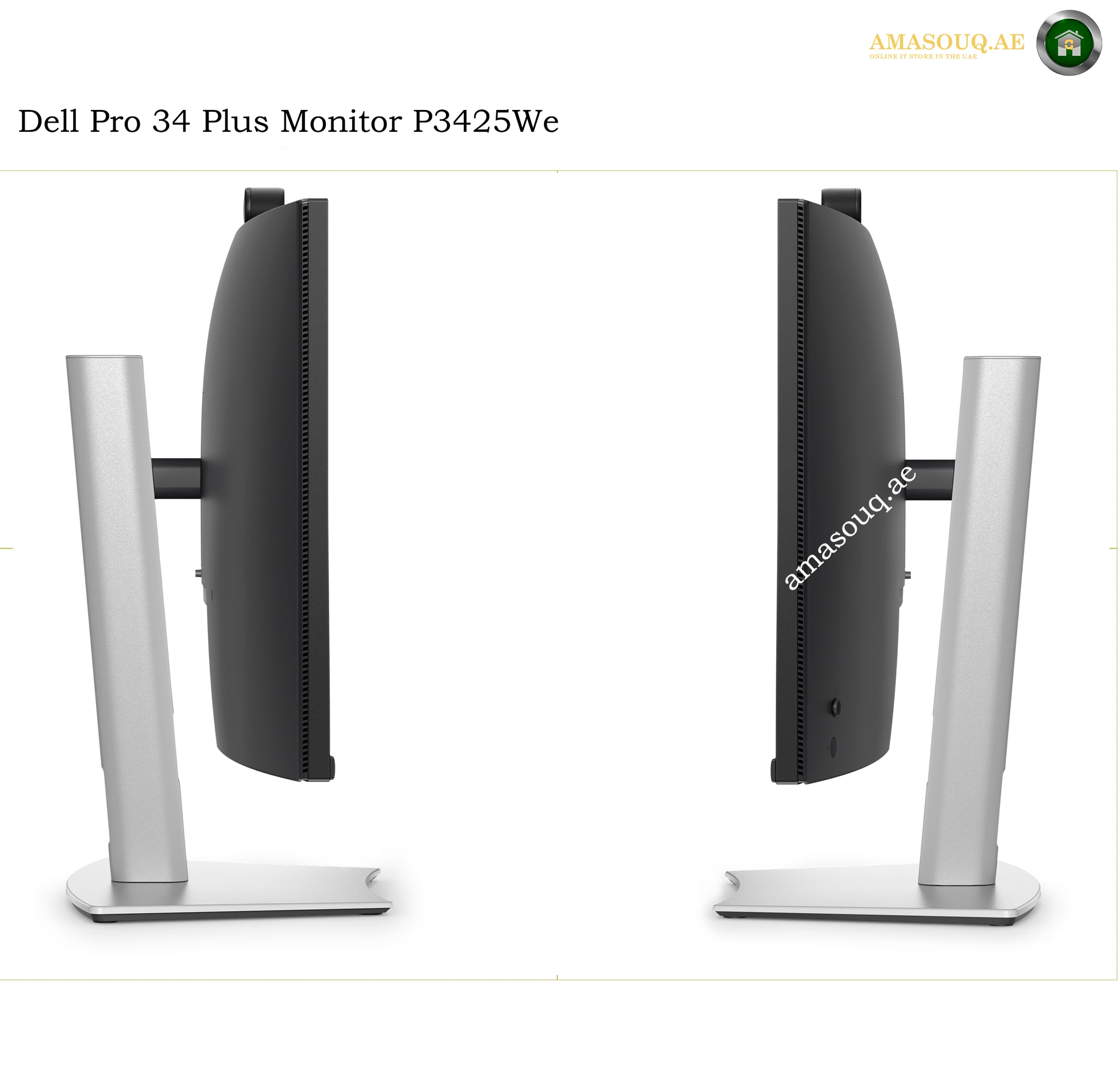 Dell P3426WEB adjustable ergonomic monitor stand. Two views of a Dell Pro 34 Plus Monitor P3425We showing the side and back angles of the black screen with a silver stand on a white background.